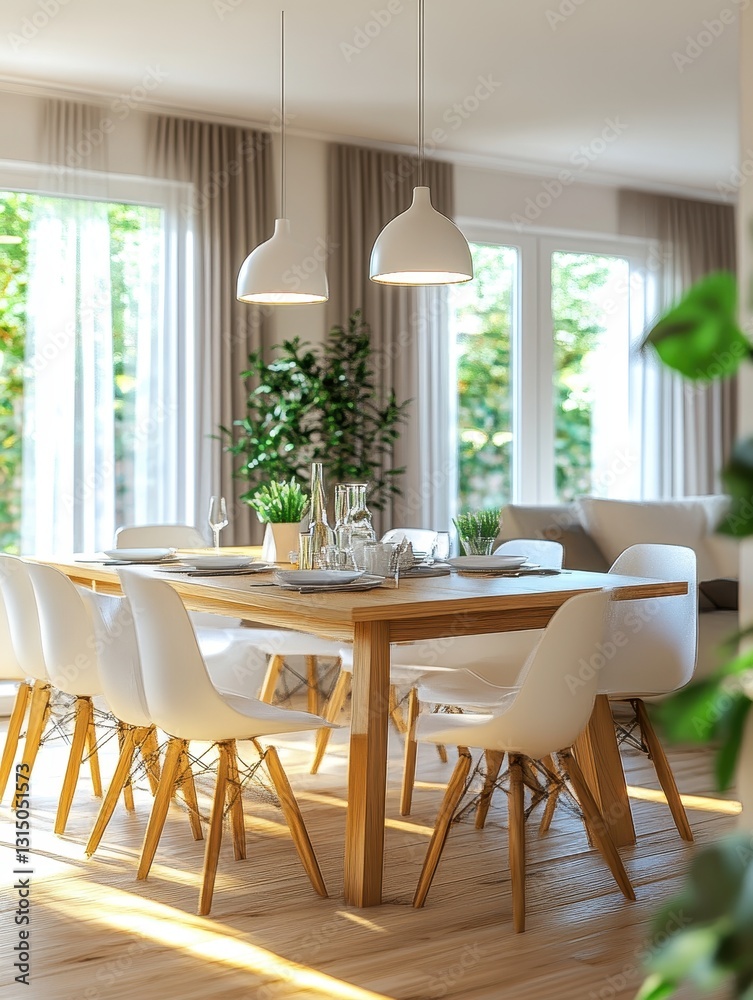 Fototapeta premium A dining room with a wooden table set up