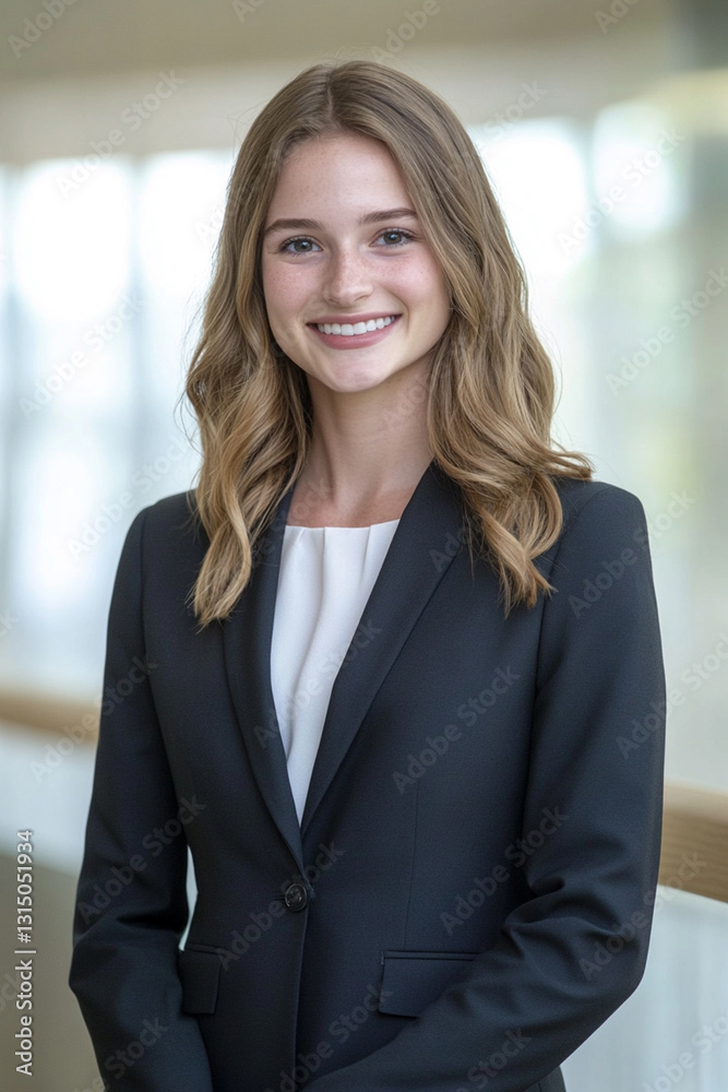 Business woman in formal suit smiling, looking at camera Business woman in formal suit smiling, looking at camera