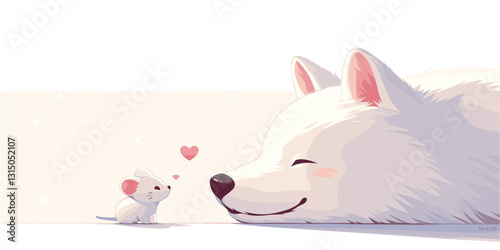 Flat style vector icons set of cute animal interactions featuring a dog and mouse with hearts.