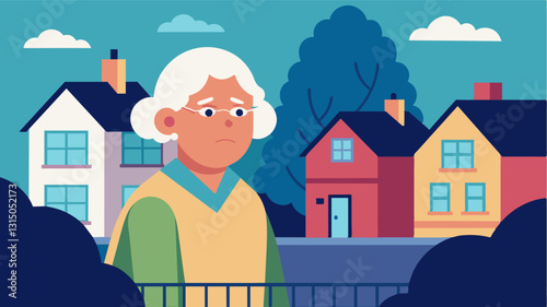 An elderly woman keeping a close eye on her neighbors homes while they are away on vacation as part of the neighborhood watch program.. Vector illustration