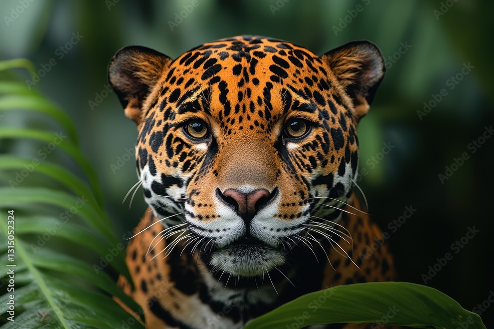 Majestic jaguar displaying striking features amidst lush green foliage in a tropical habitat Majestic jaguar displaying striking features amidst lush green foliage in a tropical habitat