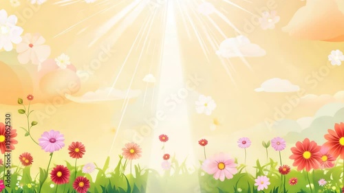 Spring meadow with daisies butterflies and sunny sky vector illustration