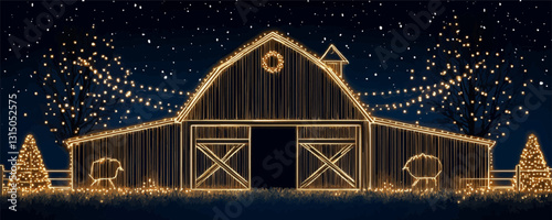 Flat linear icons set: festive barn with holiday lights under starry night sky.