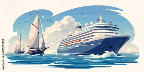 Flat nautical icons set: vector of ocean cruise and sailboats.