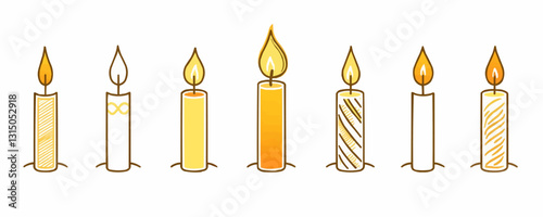 Flat linear candle icons set - variety of decorative candle designs.