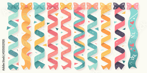 Flat icons set: colorful decorative ribbons and bows vector in whimsical style.