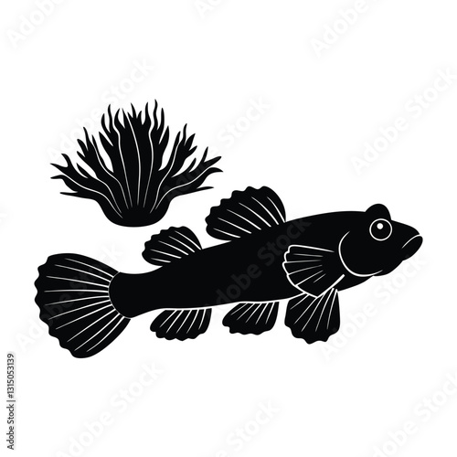 Goby Fish Outline Silhouette With Translucent Fins Spread Near Coral On White Background