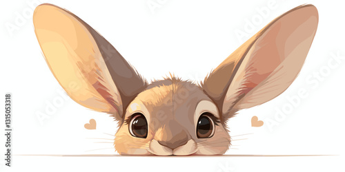 Flat vector icons set: cute rabbit with big ears and hearts.