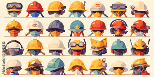 Safety equipment flat icons set: helmets, masks, and protective gear in vector style.