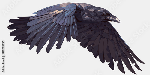 Flat vector icons set: flying raven with intricate feather details in flight.