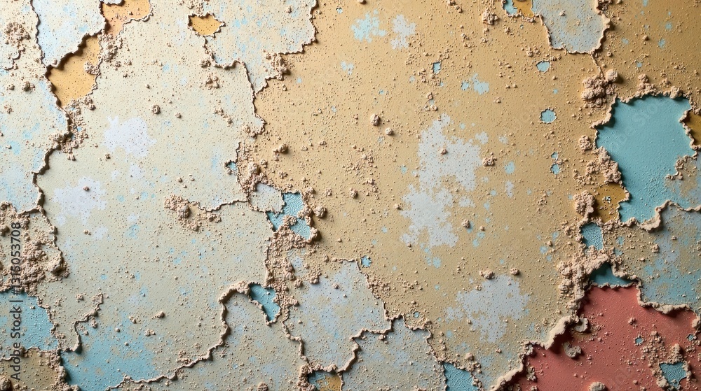 Fototapeta premium Abstract Textured Wall Surface with Flaking Paint in Pastel Hues Showing Damage and Erosion