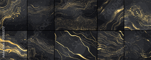 Elegant flat icons set with gold and black abstract patterns - vector design.