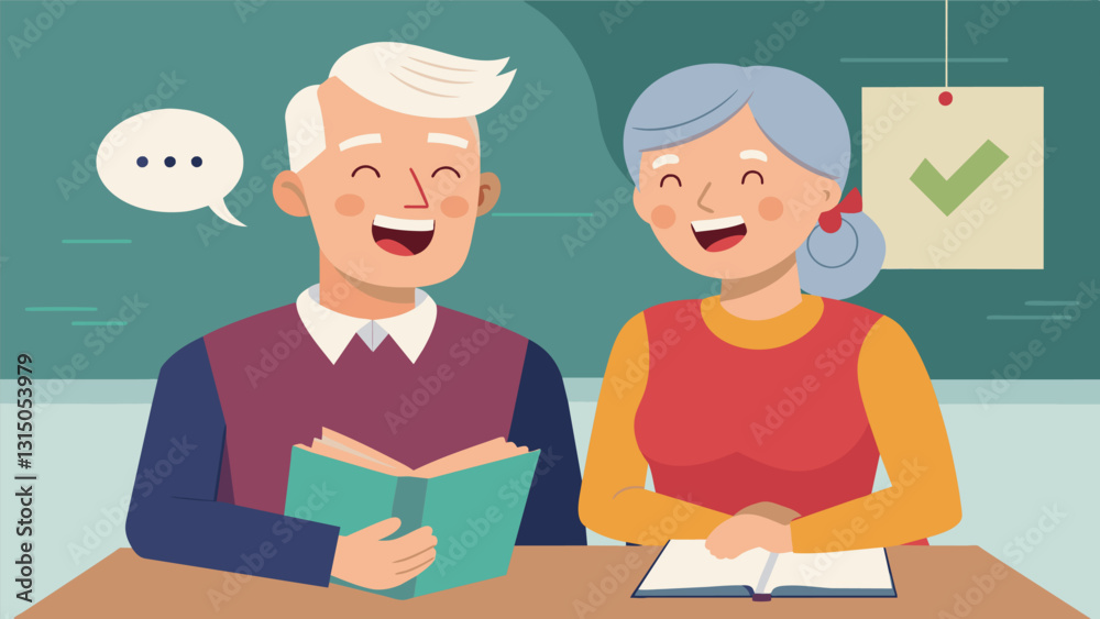 An elderly couple sitting side by side in a cozy classroom practicing pronunciation and laughing together at their mistakes.. Vector illustration An elderly couple sitting side by side in a cozy classroom practicing pronunciation and laughing together at their mistakes.. Vector illustration