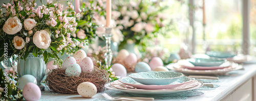 Celebrate Easter with a beautifully arranged dining table featuring pastel plates, vibrant flowers, and decorative eggs photo