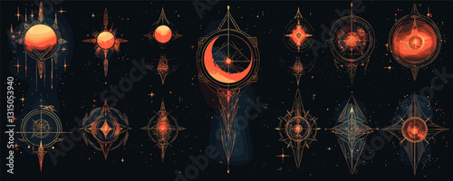 Celestial bodies icons set - flat linear vector style with geometric designs.
