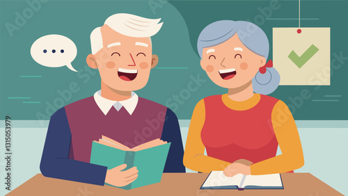 An elderly couple sitting side by side in a cozy classroom practicing pronunciation and laughing together at their mistakes.. Vector illustration