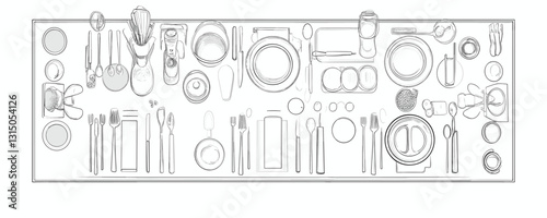 Flat linear kitchenware icons set - top view of tableware and cutlery arrangement.