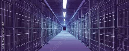 Flat style network servers icons set in linear dark theme - vector illustration of data center.