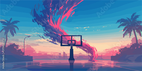 Flat linear icons set of basketball court with scenic sunset and palm trees vector.