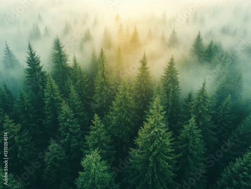 Aerial view of a dense coniferous forest shrouded in ethereal mist creating a serene and atmospheric landscape with soft light