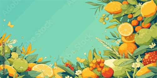 Fresh citrus fruit and leafy border with butterflies, flat style icons set.