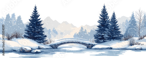 Flat winter landscape icons set with snowy bridge and pine trees in vector style.