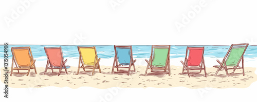 Flat vector icons set: colorful beach chairs by the sea in a linear style.