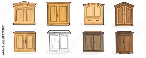 Flat icons set of wooden wardrobes in various styles - vector design.