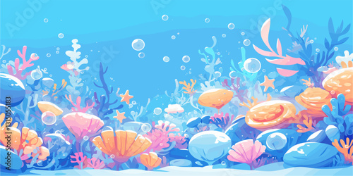 Flat icons set of colorful underwater coral reef vector with bubbles and seaweed.