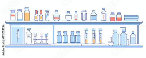 Flat linear icons set of chemistry lab equipment on shelves - vector style.