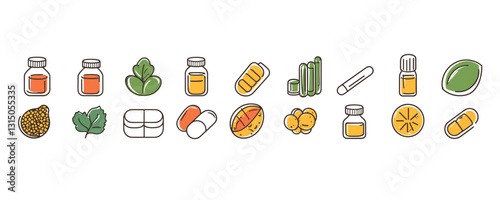 Flat icons set of herbal medicine and natural remedies in linear vector style.