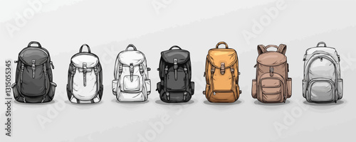 Flat icons set of minimalist backpack designs in various colors and styles.