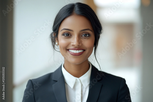 Business woman in formal suit smiling, looking at camera