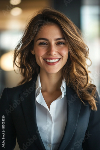 Business woman in formal suit smiling, looking at camera
