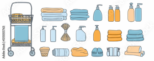 Spa essentials flat icons set with towels, robes, and bottles in vector style.