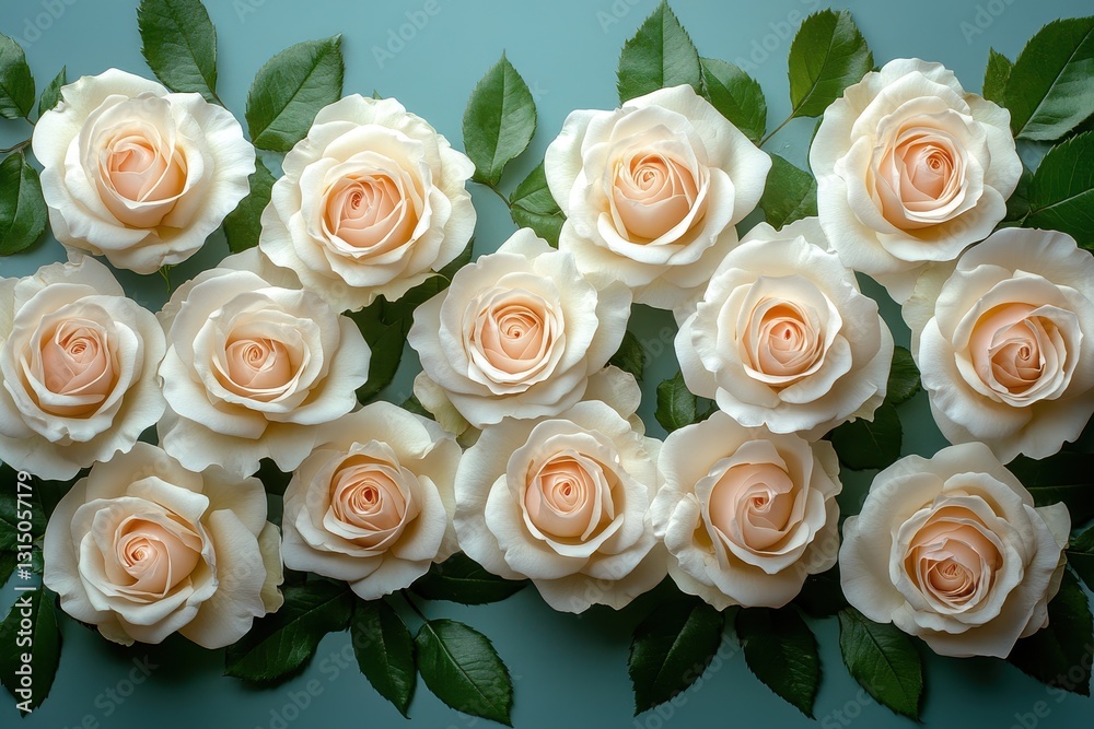 Obraz premium Elegant arrangement of cream roses with green leaves on soft background for special occasions and celebrations