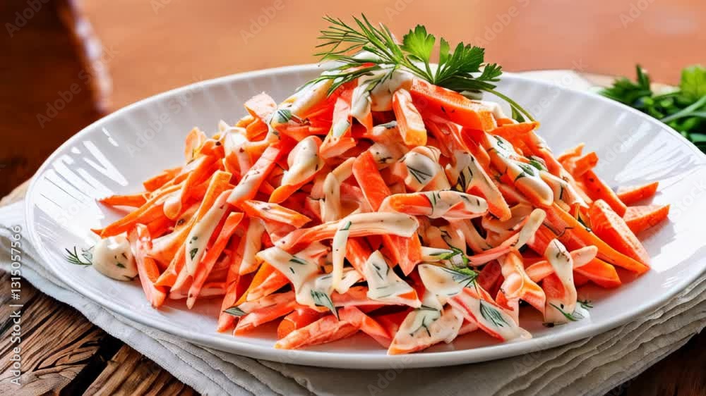 A plate of fresh shredded crab sticks garnished with herbs and spices, served on a wooden table for a delicious seafood dish. . High quality 4k footage A plate of fresh shredded crab sticks garnished with herbs and spices, served on a wooden table for a delicious seafood dish. . High quality 4k footage