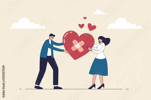 Forgiveness to keep relationship last long, togetherness or love couple concept, happy man and woman, husband and wife with bandage on broken heart shape as forgiveness symbol.