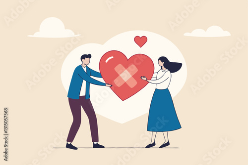 Forgiveness to keep relationship last long, togetherness or love couple concept, happy man and woman, husband and wife with bandage on broken heart shape as forgiveness symbol.