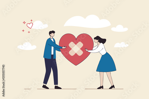 Forgiveness to keep relationship last long, togetherness or love couple concept, happy man and woman, husband and wife with bandage on broken heart shape as forgiveness symbol.