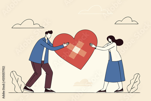Forgiveness to keep relationship last long, togetherness or love couple concept, happy man and woman, husband and wife with bandage on broken heart shape as forgiveness symbol.