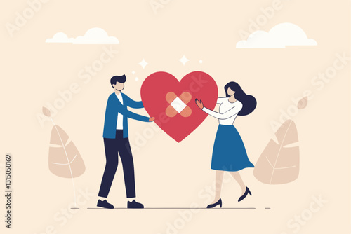 Forgiveness to keep relationship last long, togetherness or love couple concept, happy man and woman, husband and wife with bandage on broken heart shape as forgiveness symbol.