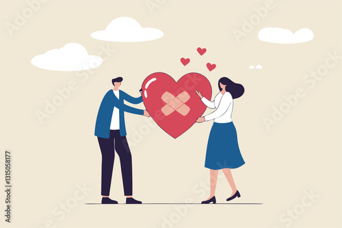 Forgiveness to keep relationship last long, togetherness or love couple concept, happy man and woman, husband and wife with bandage on broken heart shape as forgiveness symbol.