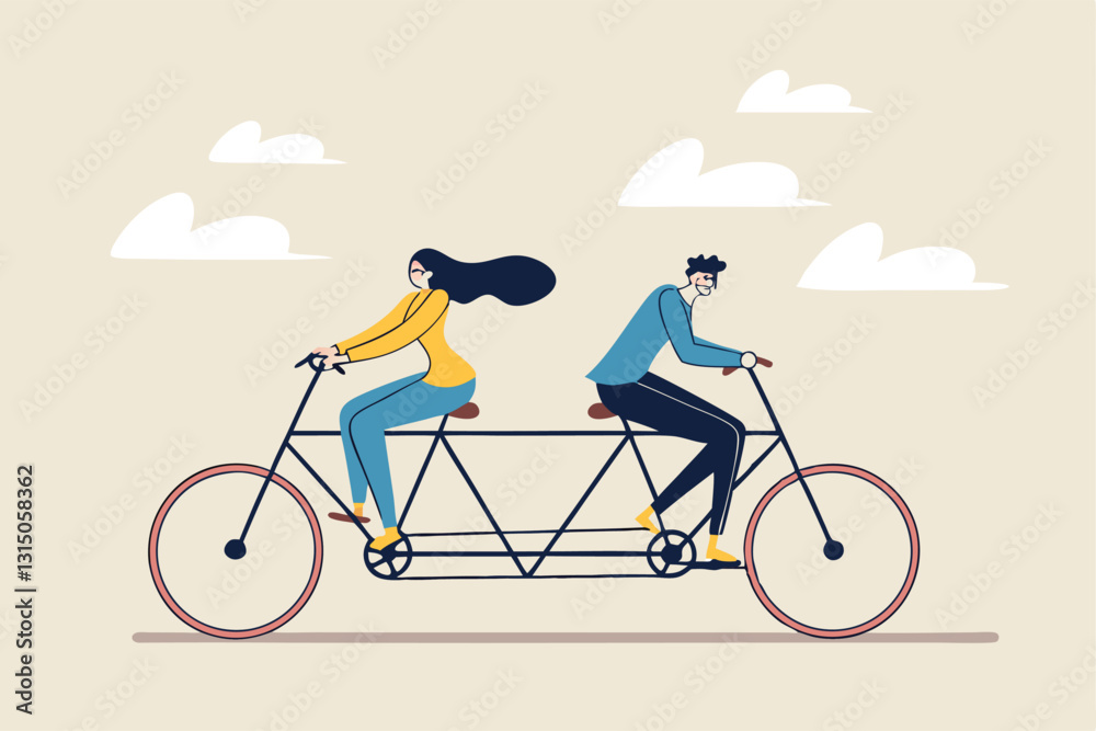 Business conflict, controversy or disagreement causing problem and failure concept, businessman and businesswoman colleagues or working team trying hard riding bicycle in opposite direction. Business conflict, controversy or disagreement causing problem and failure concept, businessman and businesswoman colleagues or working team trying hard riding bicycle in opposite direction.