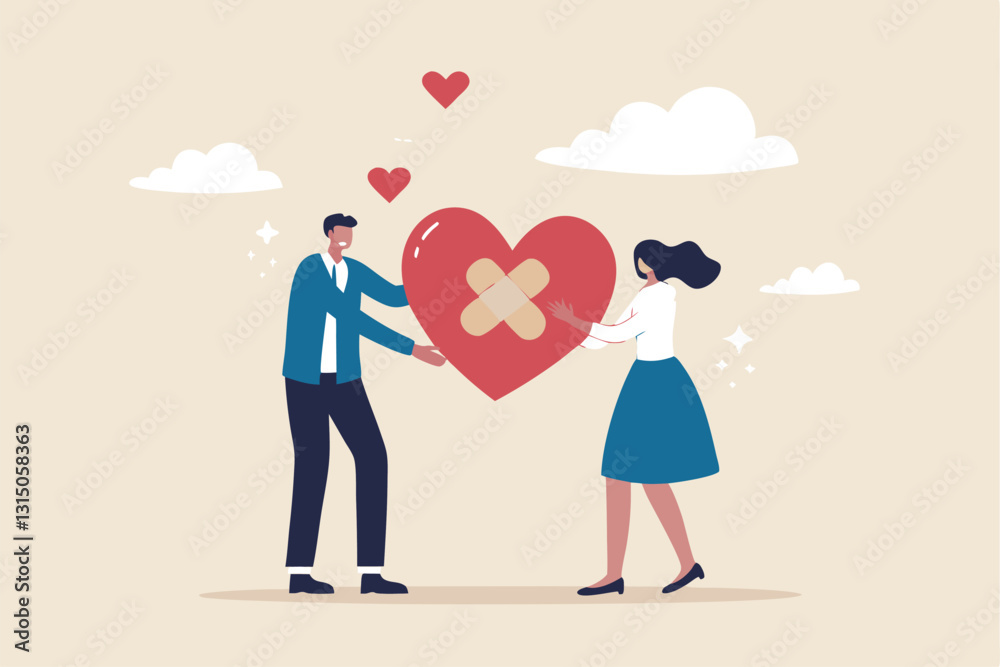 Forgiveness to keep relationship last long, togetherness or love couple concept, happy man and woman, husband and wife with bandage on broken heart shape as forgiveness symbol. Forgiveness to keep relationship last long, togetherness or love couple concept, happy man and woman, husband and wife with bandage on broken heart shape as forgiveness symbol.