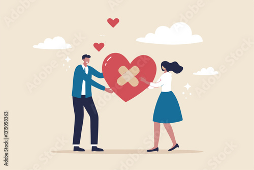 Forgiveness to keep relationship last long, togetherness or love couple concept, happy man and woman, husband and wife with bandage on broken heart shape as forgiveness symbol.