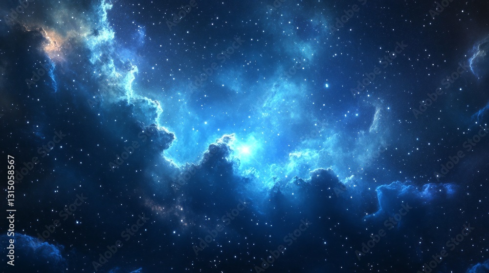 Obraz premium Swirling clouds of vibrant colors form a cosmic nebula, while twinkling stars peek through the velvety darkness, evoking a sense of wonder and contemplation in the heart of the universe