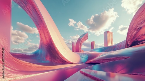 A pink and blue sky with a pink and blue ocean. The sky is filled with clouds and the ocean is filled with waves