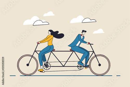 Business conflict, controversy or disagreement causing problem and failure concept, businessman and businesswoman colleagues or working team trying hard riding bicycle in opposite direction.