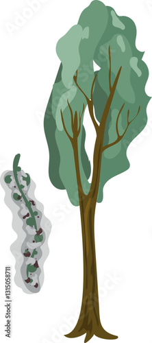 Stylized poplar tree with poplar seed tuft isolated on white background